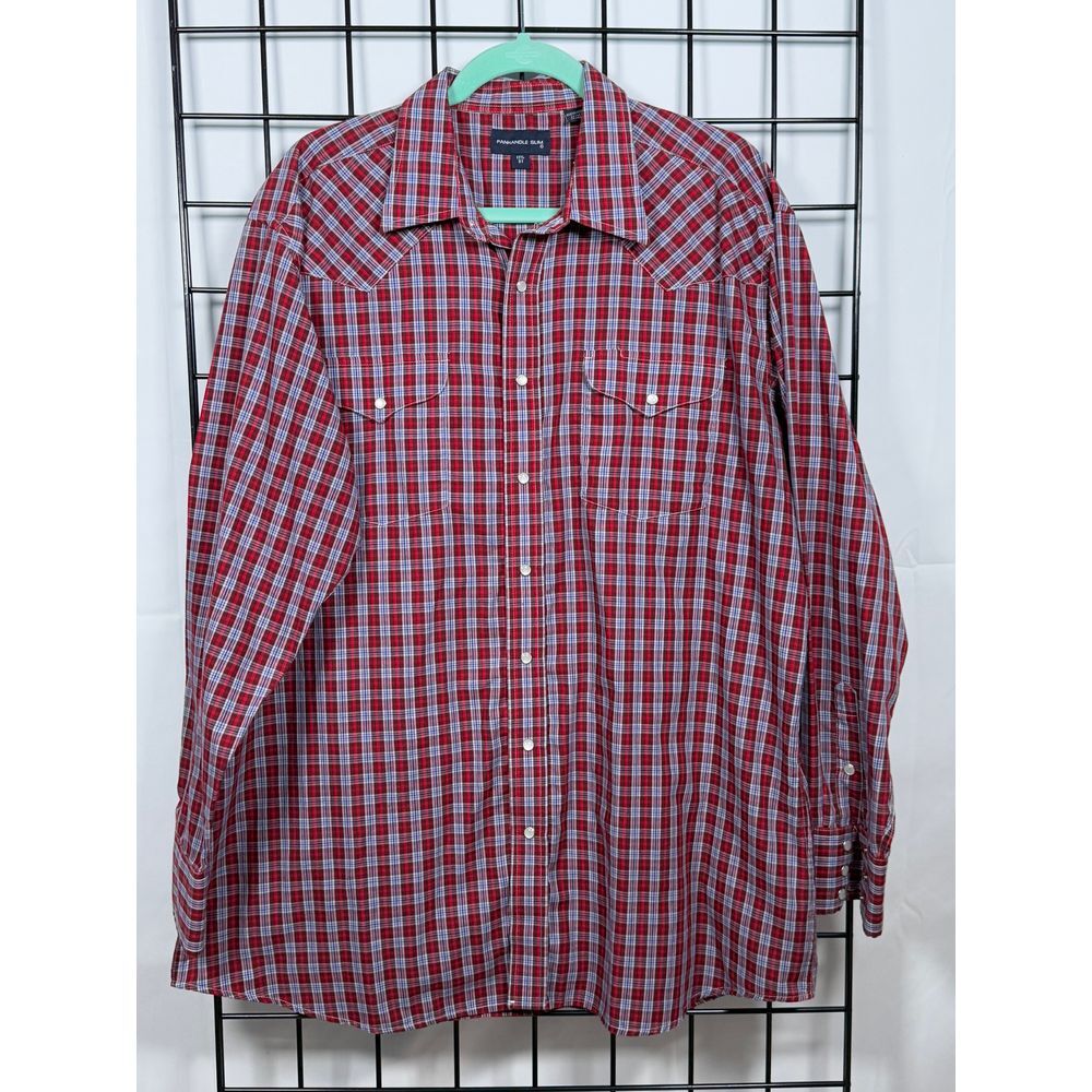 Pan Handle Slim Men Long Sleeve Pearl Snap Plaid Western Shirt 17 1/2-37‎ Red